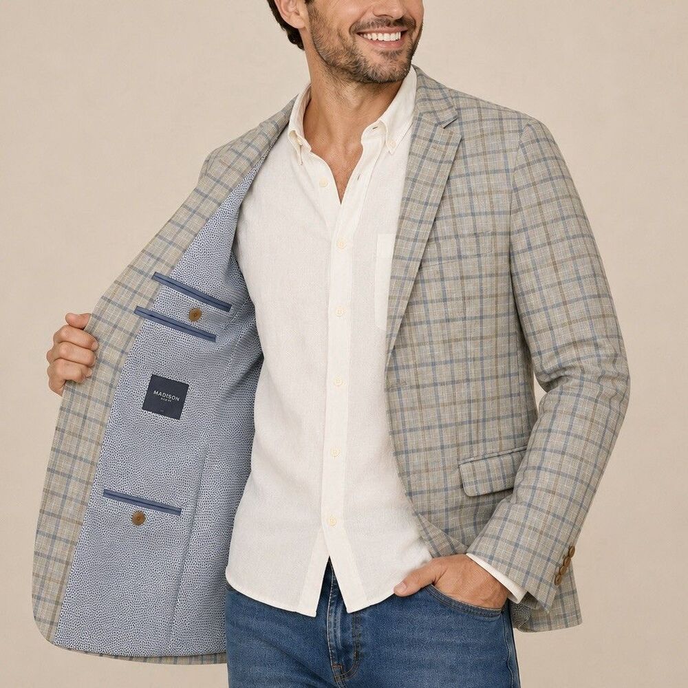 Madison Slim Fit 38R Sport Coat Tan Blue Windowpane Blazer Geometric Lined